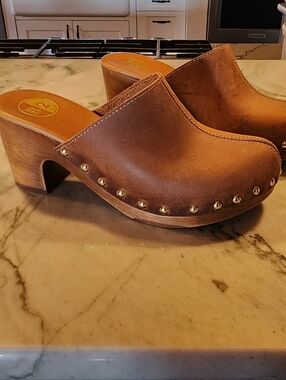 CB2 Brown Leather Studded Clog Mules